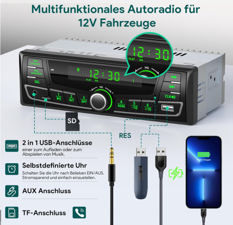 Autoradio RDS│Bluetooth │FM/│USB│SD│AUX│MP3│65Wx4│écran LED│7 Couleurs