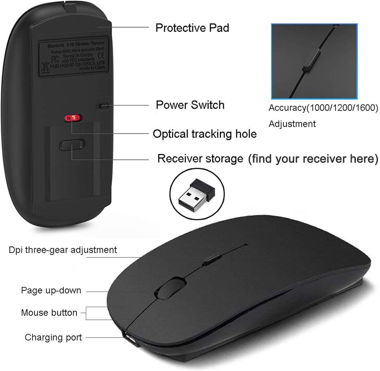 Souris sans fil rechargeable,silence Click Wireless Mouse Optique, USB Nano - Image 3
