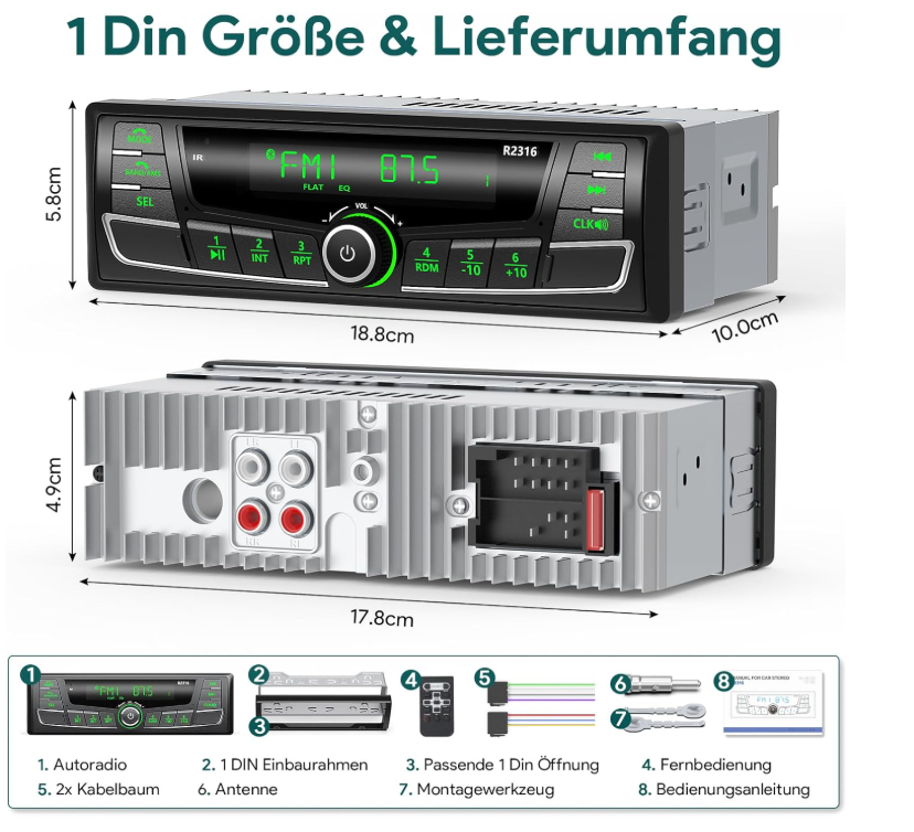 Autoradio RDS│Bluetooth │FM/│USB│SD│AUX│MP3│65Wx4│écran LED│7 Couleurs - Image 7