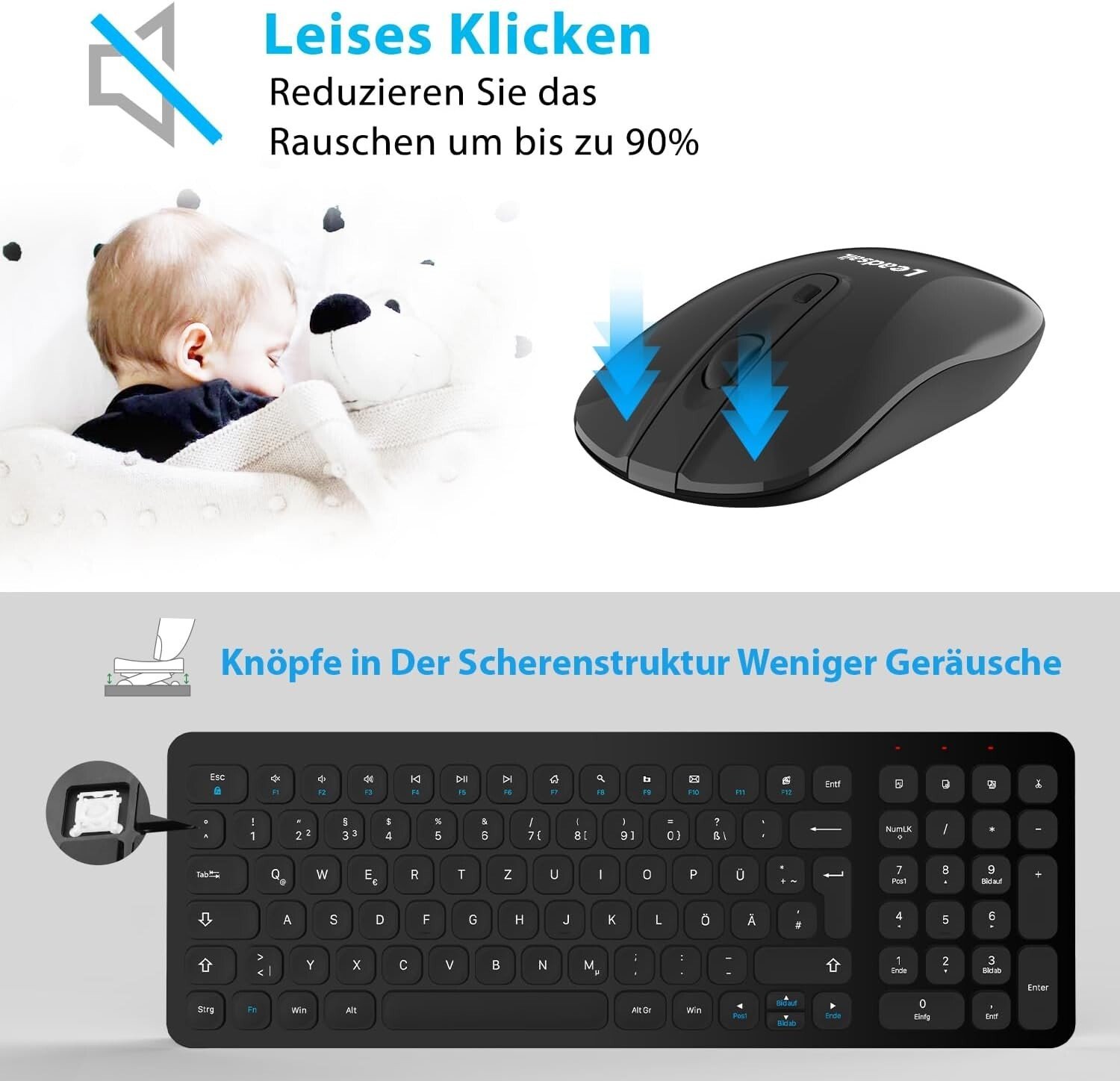 Clavier et souris sans fil, 2,4 GHz QWERTZ souris silencieuse sans fil Leadsail - Image 2